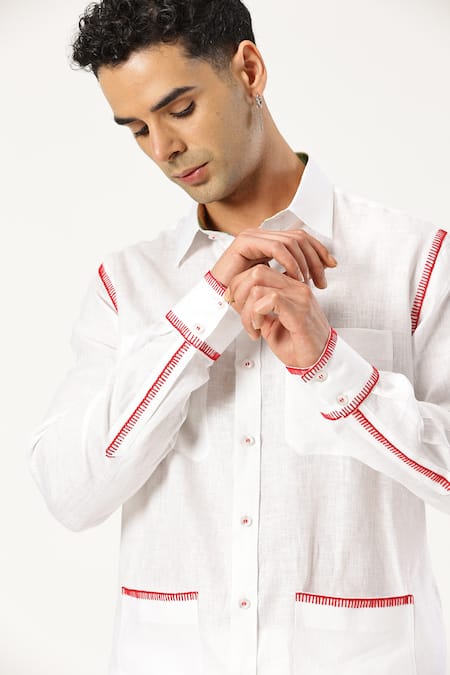 Buy_Paresh Lamba Signatures_White Linen Threadwork Placed Shirt 