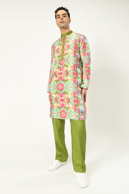 Paresh Lamba Signatures_Green Linen Printed Floral Blossom Kurta _Online_at_Aza_Fashions