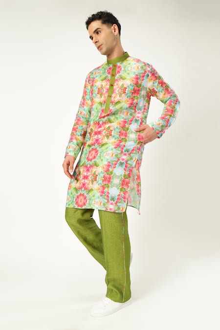 Buy_Paresh Lamba Signatures_Green Linen Printed Floral Blossom Kurta _Online_at_Aza_Fashions
