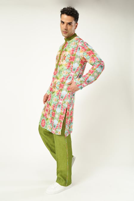 Shop_Paresh Lamba Signatures_Green Linen Printed Floral Blossom Kurta _Online_at_Aza_Fashions