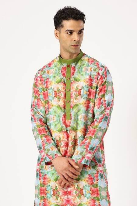 Paresh Lamba Signatures_Green Linen Printed Floral Blossom Kurta _at_Aza_Fashions