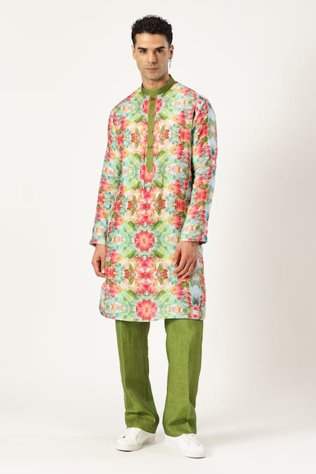 Buy_Paresh Lamba Signatures_Green Linen Printed Floral Blossom Kurta 