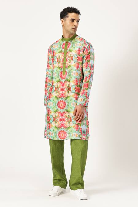 Shop_Paresh Lamba Signatures_Green Linen Printed Floral Blossom Kurta 