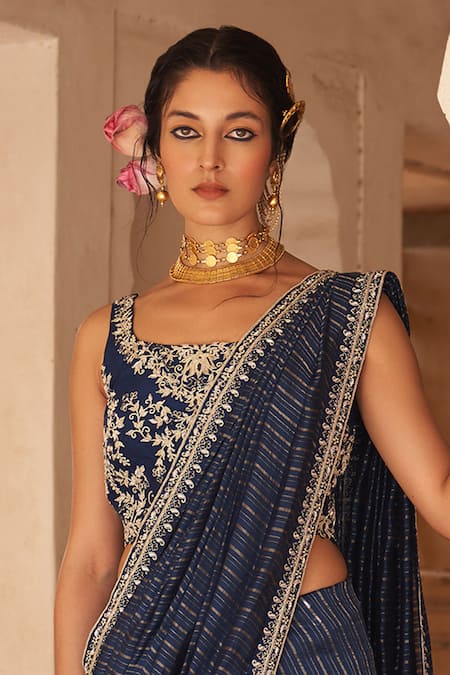 Pink City By Sarika_Blue , , Embroidery Round Neelkamal Thread Saree Set _Online_at_Aza_Fashions