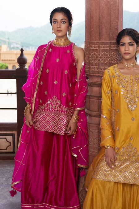 Shop_Pink City By Sarika_Pink Organza, Silk, Chanderi Lace, Kamal Zardosi Embroidered Kurta And Sharara Set _Online_at_Aza_Fashions