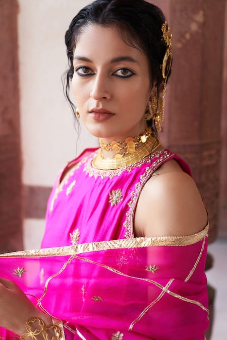 Buy_Pink City By Sarika_Pink Organza, Silk, Chanderi Lace, Kamal Zardosi Embroidered Kurta And Sharara Set 