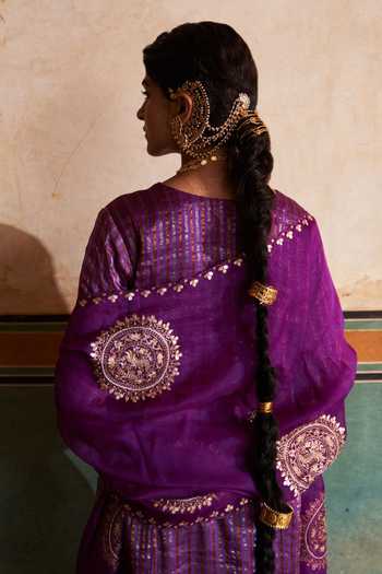 Pink City by Sarika_Purple Organza, Tissue, Poplin Embroidery V-neck Mandala Kurta And Pant Set _Online_at_Aza_Fashions