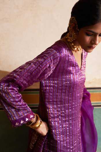 Pink City by Sarika Purple Organza, Tissue, Poplin Embroidery V-neck Mandala Kurta And Pant Set at Aza Fashions Pink City by Sarika_Purple Organza, Tissue, Poplin Embroidery V-neck Mandala Kurta And Pant Set _at_Aza_Fashions