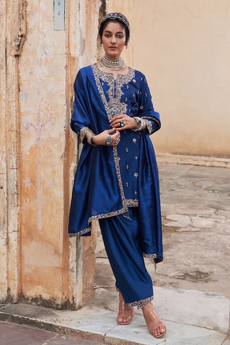 Pink City By Sarika Blue Silk, Tissue, Chanderi Embroidery, Tassels Kairi Thread Kurta And Salwar Set