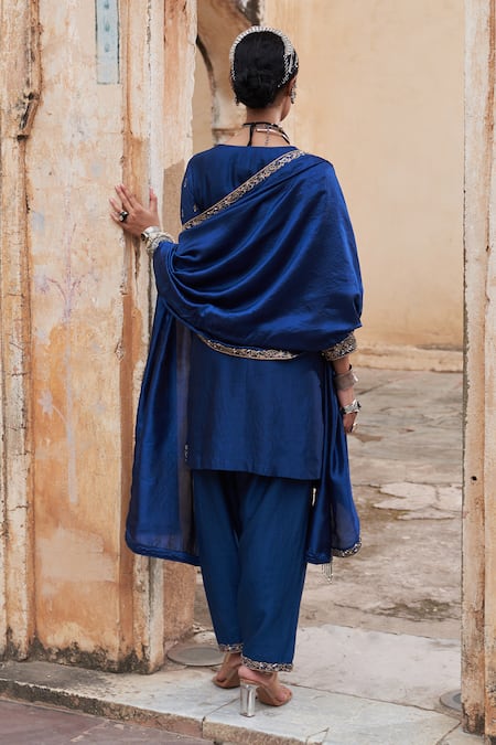 Shop Pink City By Sarika Blue Silk, Tissue, Chanderi Embroidery, Tassels Kairi Thread Kurta And Salwar Set at Aza Fashions Shop_Pink City By Sarika_Blue Silk, Tissue, Chanderi Embroidery, Tassels Kairi Thread Kurta And Salwar Set _at_Aza_Fashions