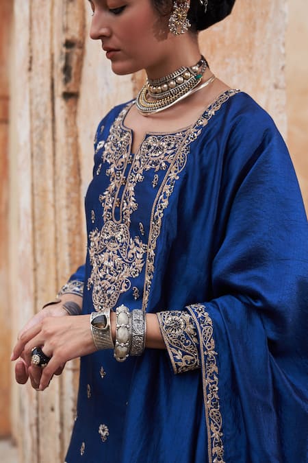 Pink City By Sarika_Blue Silk, Tissue, Chanderi Embroidery, Tassels Kairi Thread Kurta And Salwar Set _Online_at_Aza_Fashions