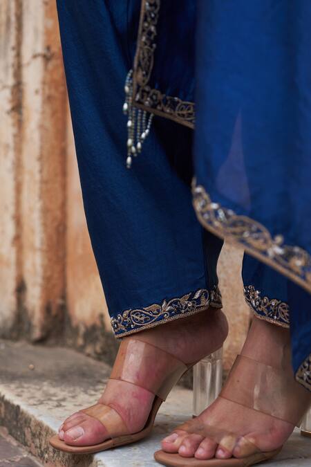 Buy_Pink City By Sarika_Blue Silk, Tissue, Chanderi Embroidery, Tassels Kairi Thread Kurta And Salwar Set _Online_at_Aza_Fashions