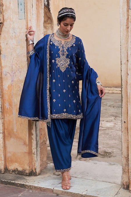 Shop Pink City By Sarika Blue Silk, Tissue, Chanderi Embroidery, Tassels Kairi Thread Kurta And Salwar Set Online at Aza Fashions Shop_Pink City By Sarika_Blue Silk, Tissue, Chanderi Embroidery, Tassels Kairi Thread Kurta And Salwar Set _Online_at_Aza_Fashions