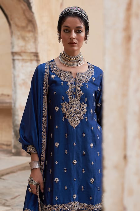 Pink City By Sarika Blue Silk, Tissue, Chanderi Embroidery, Tassels Kairi Thread Kurta And Salwar Set at Aza Fashions Pink City By Sarika_Blue Silk, Tissue, Chanderi Embroidery, Tassels Kairi Thread Kurta And Salwar Set _at_Aza_Fashions