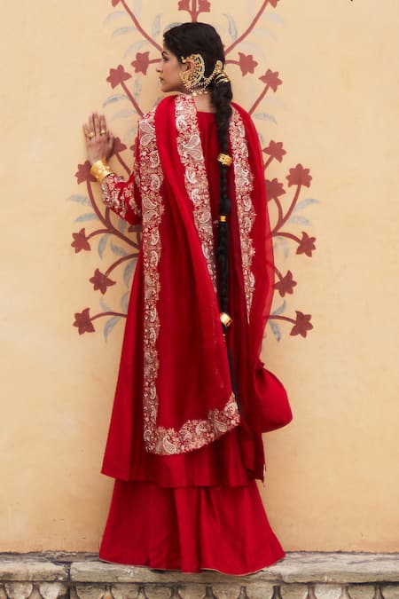 Pink City By Sarika Kairi Thread Embroidered Angarkha & Sharara Set 