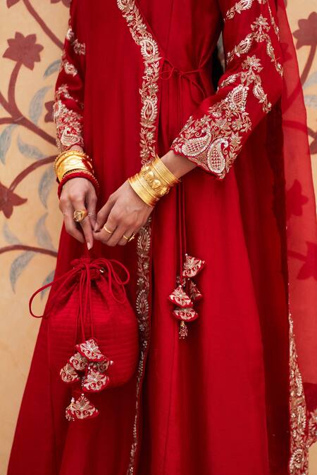 Buy_Pink City By Sarika_Red Organza, , Organza, Chanderi Kairi Thread Angarkha And Sharara Set _Online_at_Aza_Fashions