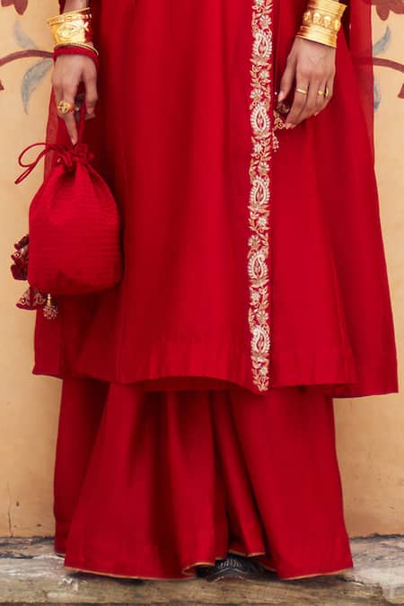 Shop Pink City By Sarika Red Organza, , Organza, Chanderi Kairi Thread Angarkha And Sharara Set Online at Aza Fashions Shop_Pink City By Sarika_Red Organza, , Organza, Chanderi Kairi Thread Angarkha And Sharara Set _Online_at_Aza_Fashions