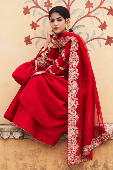 Buy Pink City By Sarika Red Organza, , Organza, Chanderi Kairi Thread Angarkha And Sharara Set Buy_Pink City By Sarika_Red Organza, , Organza, Chanderi Kairi Thread Angarkha And Sharara Set