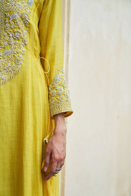 Pink City By Sarika_Yellow Silk, Chanderi Embroidery, Zari Round Zardosi Tie Up Anarkali With Pant _Online_at_Aza_Fashions