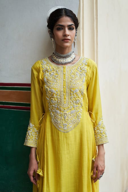 Buy_Pink City By Sarika_Yellow Silk, Chanderi Embroidery, Zari Round Zardosi Tie Up Anarkali With Pant _Online_at_Aza_Fashions