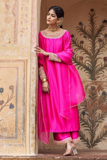 Pink City By Sarika Pink Organza, Silk, Chanderi Beads Round Neck Rani Embroidered Kurta And Pant Set 