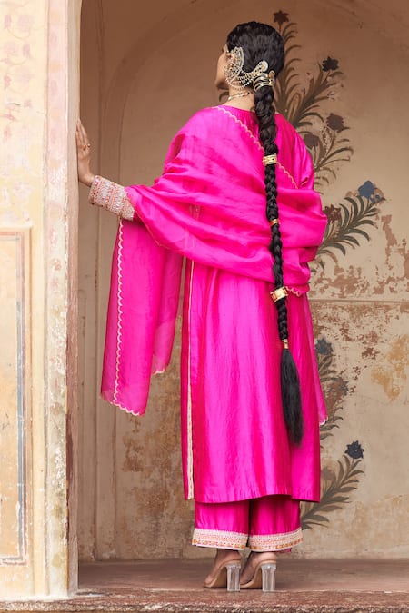 Pink City By Sarika Pink Organza, Silk, Chanderi Beads Round Neck Rani Embroidered Kurta And Pant Set Online at Aza Fashions Pink City By Sarika_Pink Organza, Silk, Chanderi Beads Round Neck Rani Embroidered Kurta And Pant Set _Online_at_Aza_Fashions