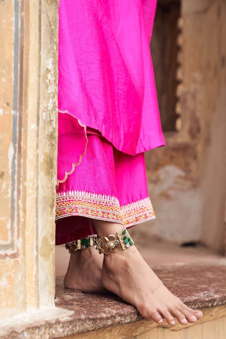 Shop_Pink City By Sarika_Pink Organza, Silk, Chanderi Beads Round Neck Rani Embroidered Kurta And Pant Set _Online_at_Aza_Fashions