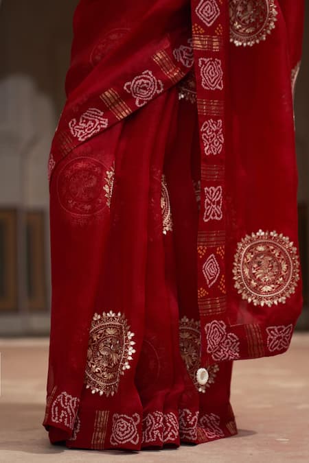 Buy_Pink City By Sarika_Red Organza, Cotton Embroidery Mandala Saree With Unstitched Blouse Piece _Online_at_Aza_Fashions