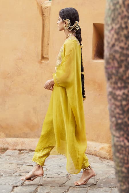 Shop_Pink City By Sarika_Green Organza, Silk Sequins, Zari V-neck Hasti Embroidered Kaftan Pant Set _Online_at_Aza_Fashions