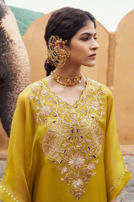 Pink City By Sarika_Green Organza, Silk Sequins, Zari V-neck Hasti Embroidered Kaftan Pant Set _at_Aza_Fashions