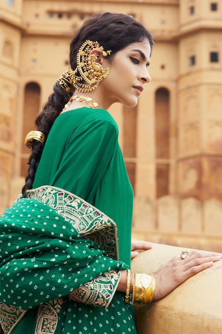 Shop_Pink City By Sarika_Emerald Green Silk, Chanderi Sequins, Zari, Hasti Embroidered Angarkha Set _Online_at_Aza_Fashions