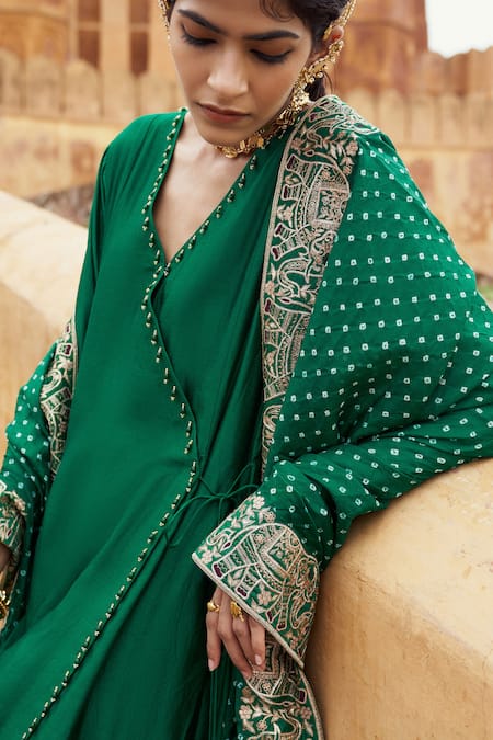 Pink City By Sarika_Emerald Green Silk, Chanderi Sequins, Zari, Hasti Embroidered Angarkha Set _at_Aza_Fashions