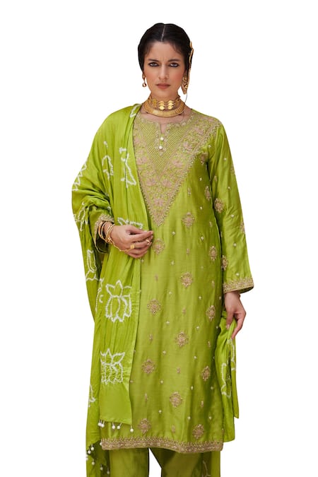 Pink City By Sarika_Green Silk, Chanderi, Gingham Embroidery, Tassels Kamal Ka Phool Kurta Set _at_Aza_Fashions