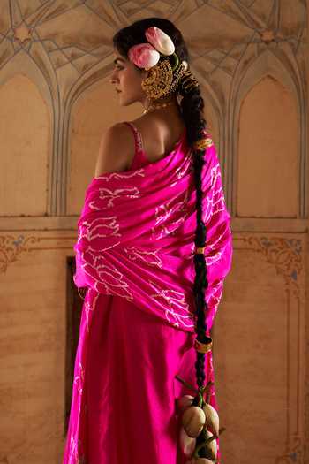 Pink City by Sarika_Pink Silk, Chanderi, Gingham Tassels, Strappy Kamal Ka Phool Kurta Set _Online_at_Aza_Fashions