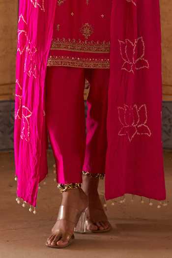Buy_Pink City by Sarika_Pink Silk, Chanderi, Gingham Tassels, Strappy Kamal Ka Phool Kurta Set _Online_at_Aza_Fashions