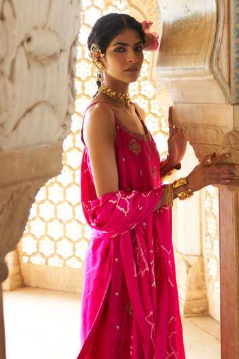 Pink City by Sarika_Pink Silk, Chanderi, Gingham Tassels, Strappy Kamal Ka Phool Kurta Set _at_Aza_Fashions