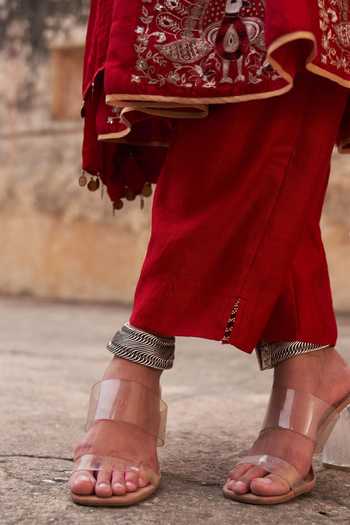 Buy_Pink City by Sarika_Red Silk, Chanderi, Gingham Pearls, Chains Mor Kalidaar Embroidered Anarkali Set _Online_at_Aza_Fashions