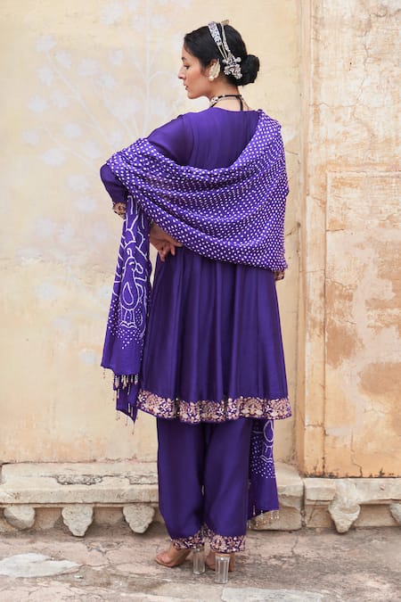 Pink City By Sarika_Purple Silk, Chanderi, Gingham Embroidery, Mor Kalidaar Anarkali Pant Set _Online_at_Aza_Fashions