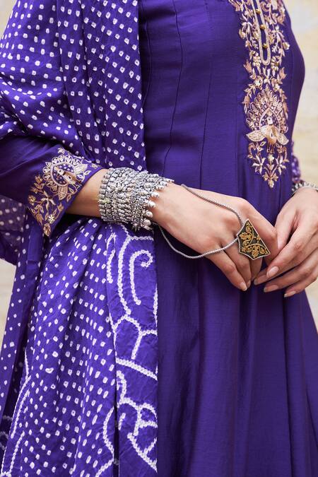 Buy_Pink City By Sarika_Purple Silk, Chanderi, Gingham Embroidery, Mor Kalidaar Anarkali Pant Set _Online_at_Aza_Fashions