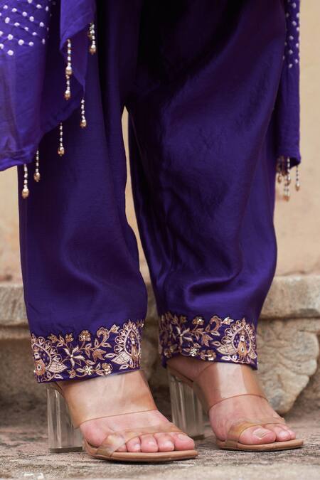 Shop_Pink City By Sarika_Purple Silk, Chanderi, Gingham Embroidery, Mor Kalidaar Anarkali Pant Set _Online_at_Aza_Fashions