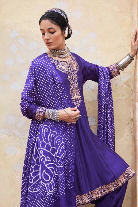 Pink City By Sarika_Purple Silk, Chanderi, Gingham Embroidery, Mor Kalidaar Anarkali Pant Set _at_Aza_Fashions