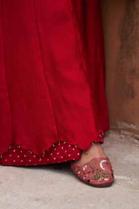 Buy_Pink City By Sarika_Red Silk Gota Patti, Beads, Tassels, Bandhani Print Anarkali Sharara Set _Online_at_Aza_Fashions