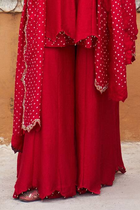 Shop_Pink City By Sarika_Red Silk Gota Patti, Beads, Tassels, Bandhani Print Anarkali Sharara Set _Online_at_Aza_Fashions