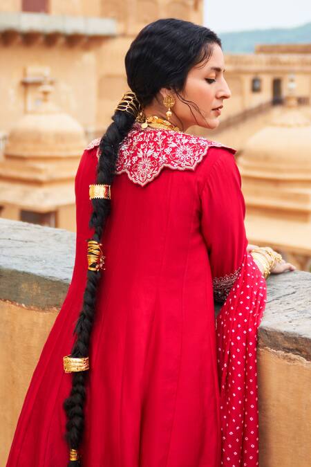 Pink City By Sarika_Red Silk Gota Patti, Beads, Tassels, Bandhani Print Anarkali Sharara Set _at_Aza_Fashions