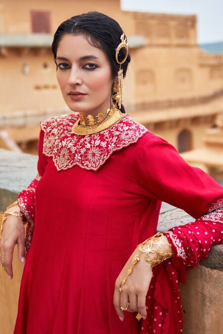 Buy_Pink City By Sarika_Red Silk Gota Patti, Beads, Tassels, Bandhani Print Anarkali Sharara Set 