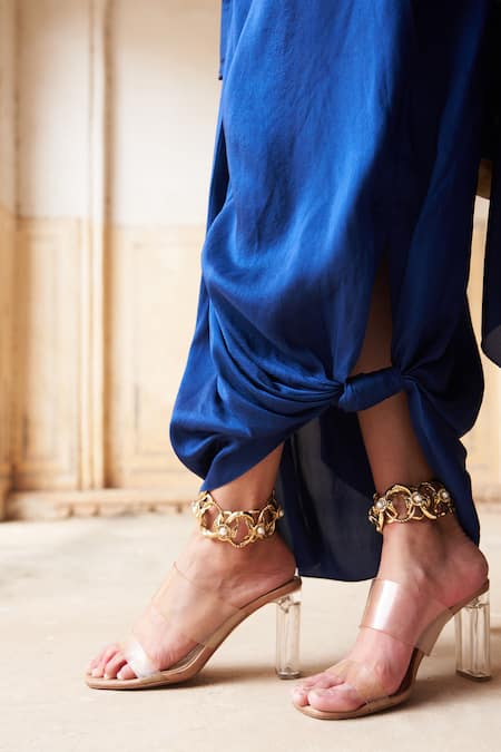 Pink City By Sarika_Blue Silk Kamal Ki Kadhai Embroidered Cape With Skirt _Online_at_Aza_Fashions