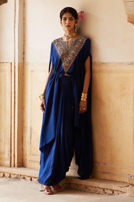 Buy_Pink City By Sarika_Blue Silk Kamal Ki Kadhai Embroidered Cape With Skirt _Online_at_Aza_Fashions