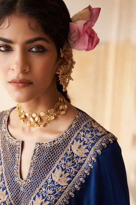 Pink City By Sarika_Blue Silk Kamal Ki Kadhai Embroidered Cape With Skirt _at_Aza_Fashions