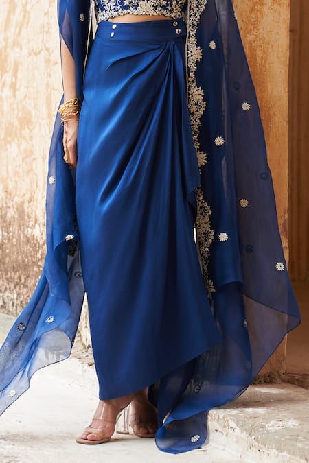 Buy_Pink City By Sarika_Blue Silk Embroidery Square Neck Neelkamal Cape Set _Online_at_Aza_Fashions