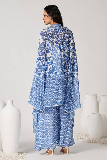 Shop_S&N By Shantnu Nikhil_Blue Paisley Print Cape_at_Aza_Fashions